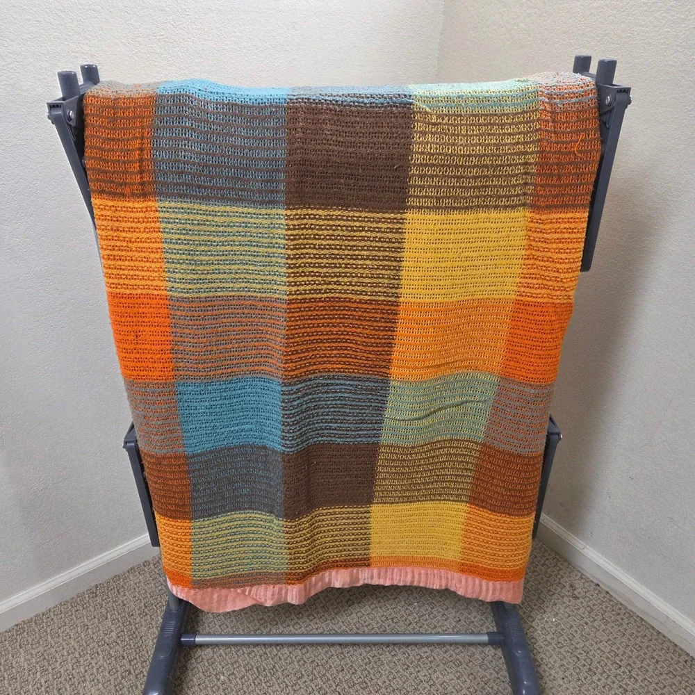 Vintage 70s Plaid Woven Blanket Orange Brown Blue Yellow Satin Trim 71x80 Large